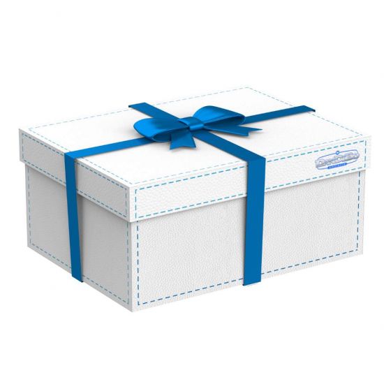 Weiße DanDiBox Geschenkbox mit blauer Schleife